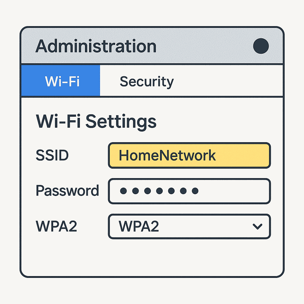 Écran d’administration Livebox (schéma générique) : onglets Wi‑Fi, Sécurité, Wi‑Fi invité, WPS